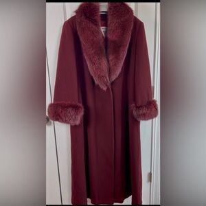 Vtg Marvin Richards Long Burgundy SZ 18 Coat Lambswool Fox Fur Collar Cuffs FLAW